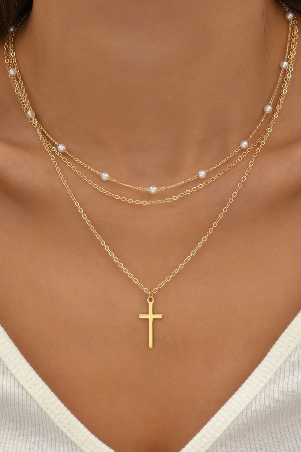 Pearl and Cross Multi Layer Necklace