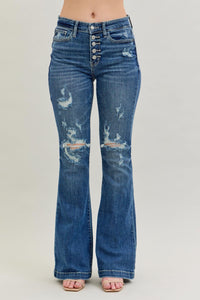 Judy Blue Mid Rise Distressed Flare Button Fly Dark