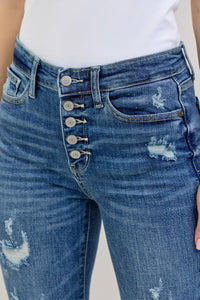 Judy Blue Mid Rise Distressed Flare Button Fly Dark