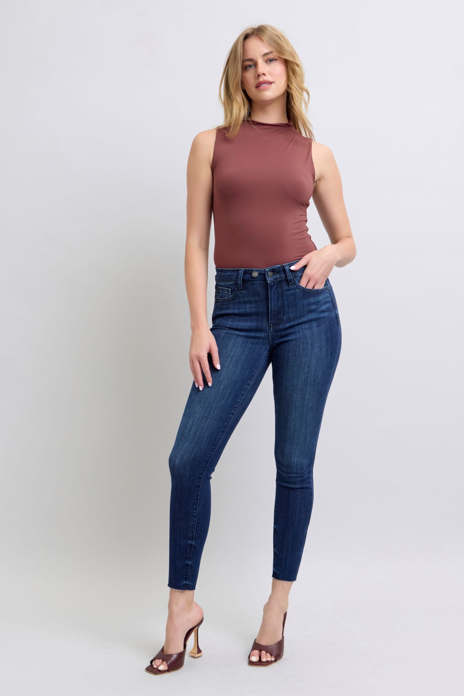 Judy Blue Mid Rise Skinny Dark Raw Hem