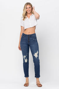 Judy Blue Zigzag Button Fly Boyfriend Fit, HW Distressed