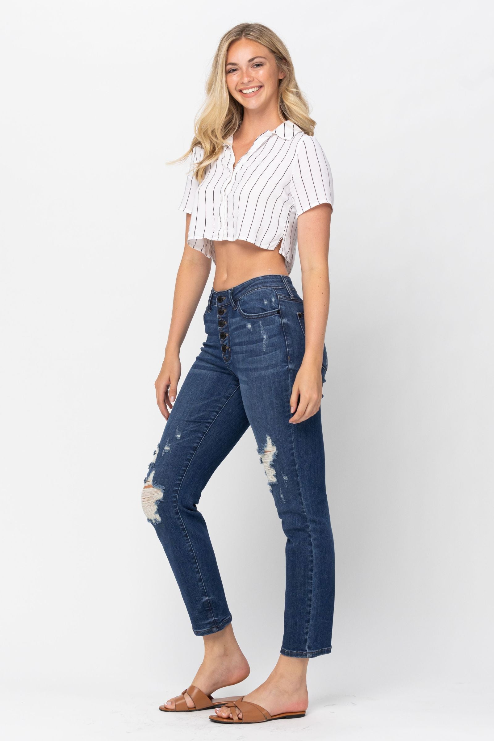 Judy Blue Zigzag Button Fly Boyfriend Fit, HW Distressed