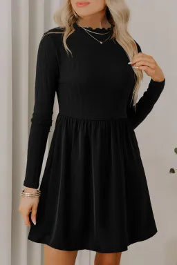 Black Ribbed Long Sleeve Dress