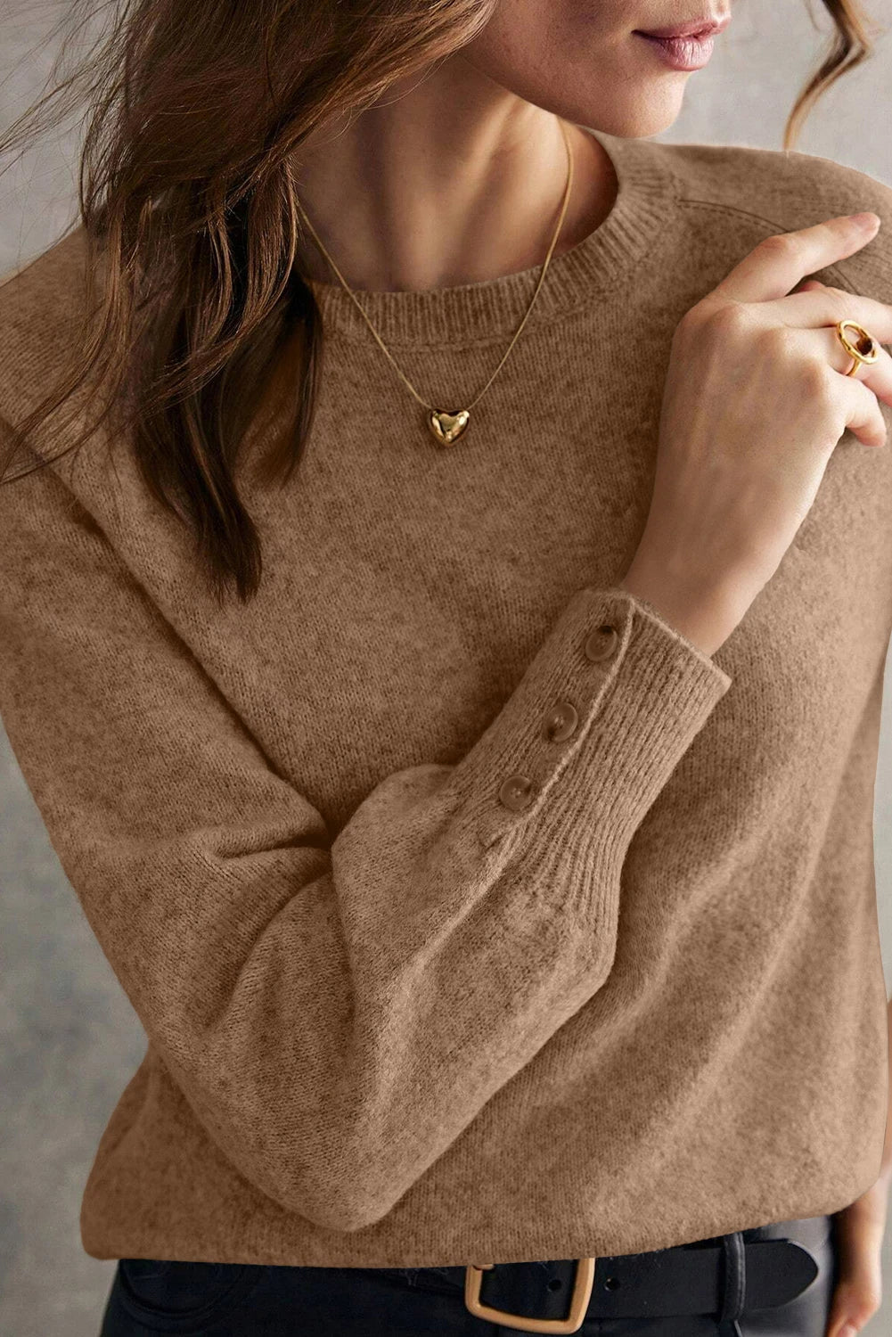 Button Cuff Camel Sweater