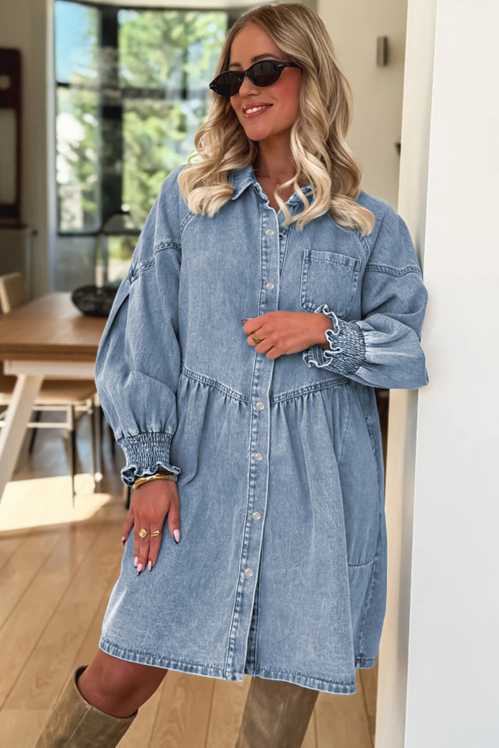 Blue Smocked Denim Dress