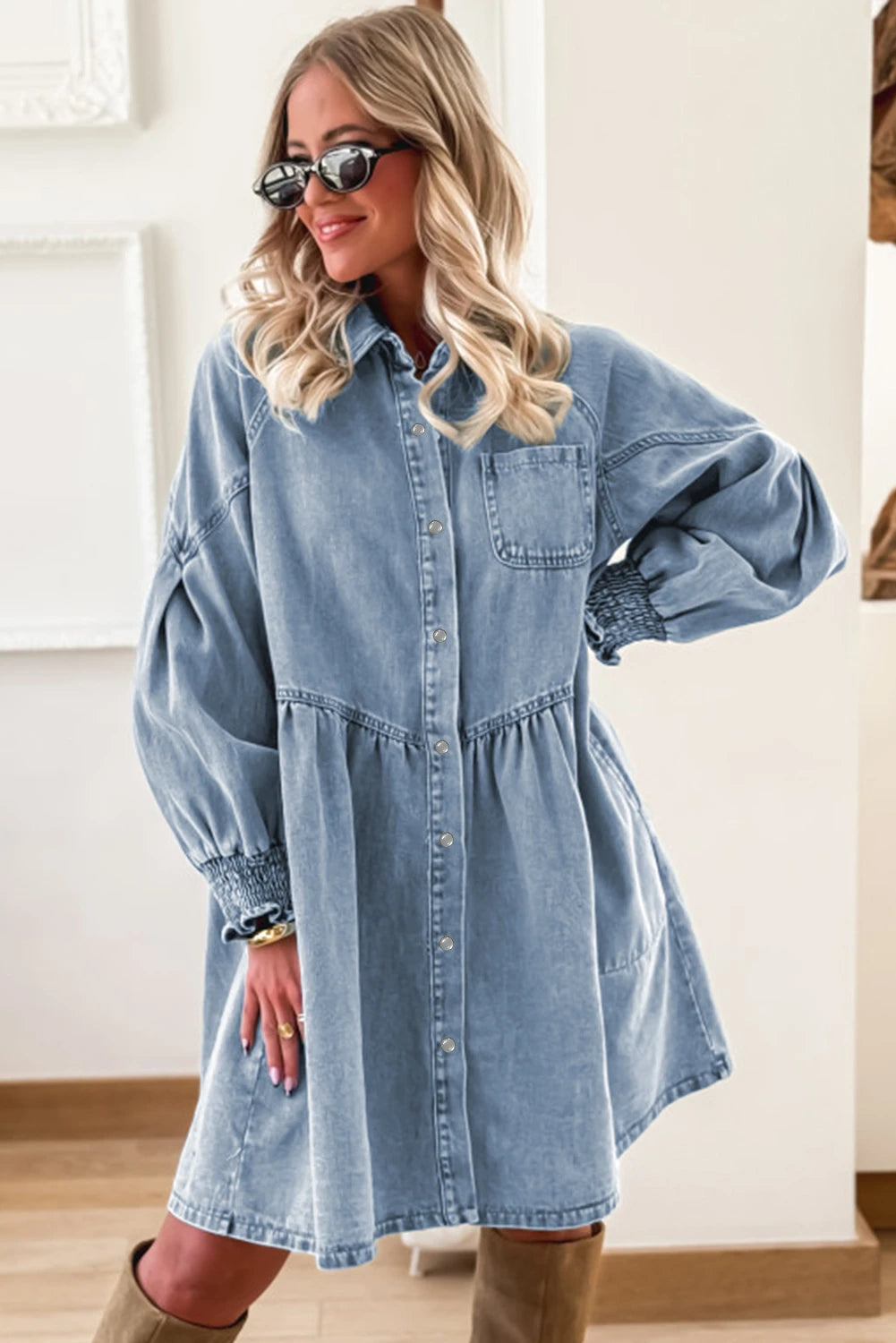 Blue Smocked Denim Dress